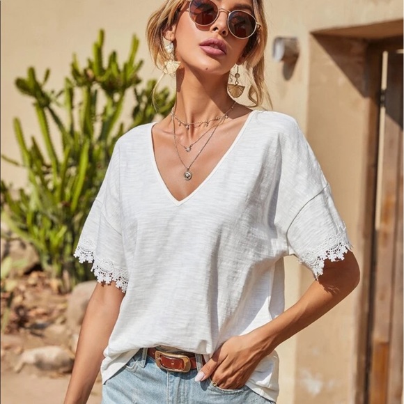 WHITE LACE INSERT DROP SHOULDER TEE - Picture 3 of 7